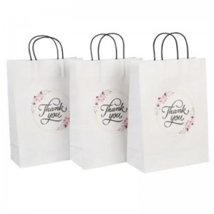 Großhandelspezifische Print Logo Fancy Thanks White Kraft Paper Tasche Spezielle Tag Hochzeit Personalized Geschenktüte mit Griff