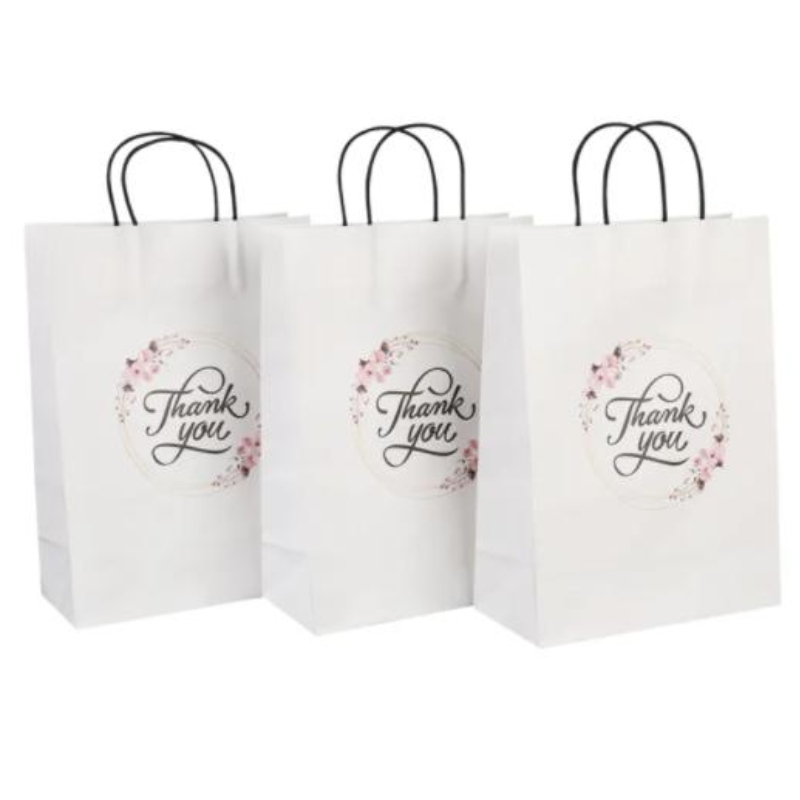 Großhandelspezifische Print Logo Fancy Thanks White Kraft Paper Tasche Spezielle Tag Hochzeit Personalized Geschenktüte mit Griff