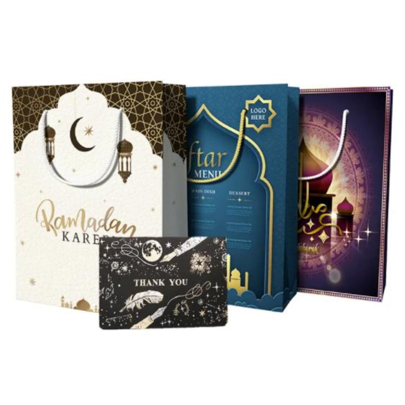 Custom Design wiederverwendbarer Eid Mubarak Ramanda Musselin Islamic Festival Einkaufspapier Geschenktüten mit Griffen
